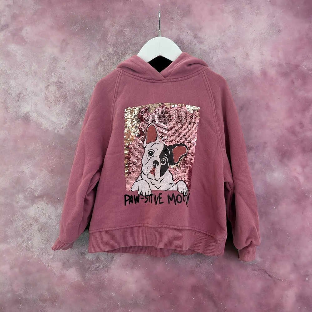 ZARA Girls Mauve Pink Sequins French Bulldog Hoodie Sweater Size 6 Kids … - Picture 1 of 3